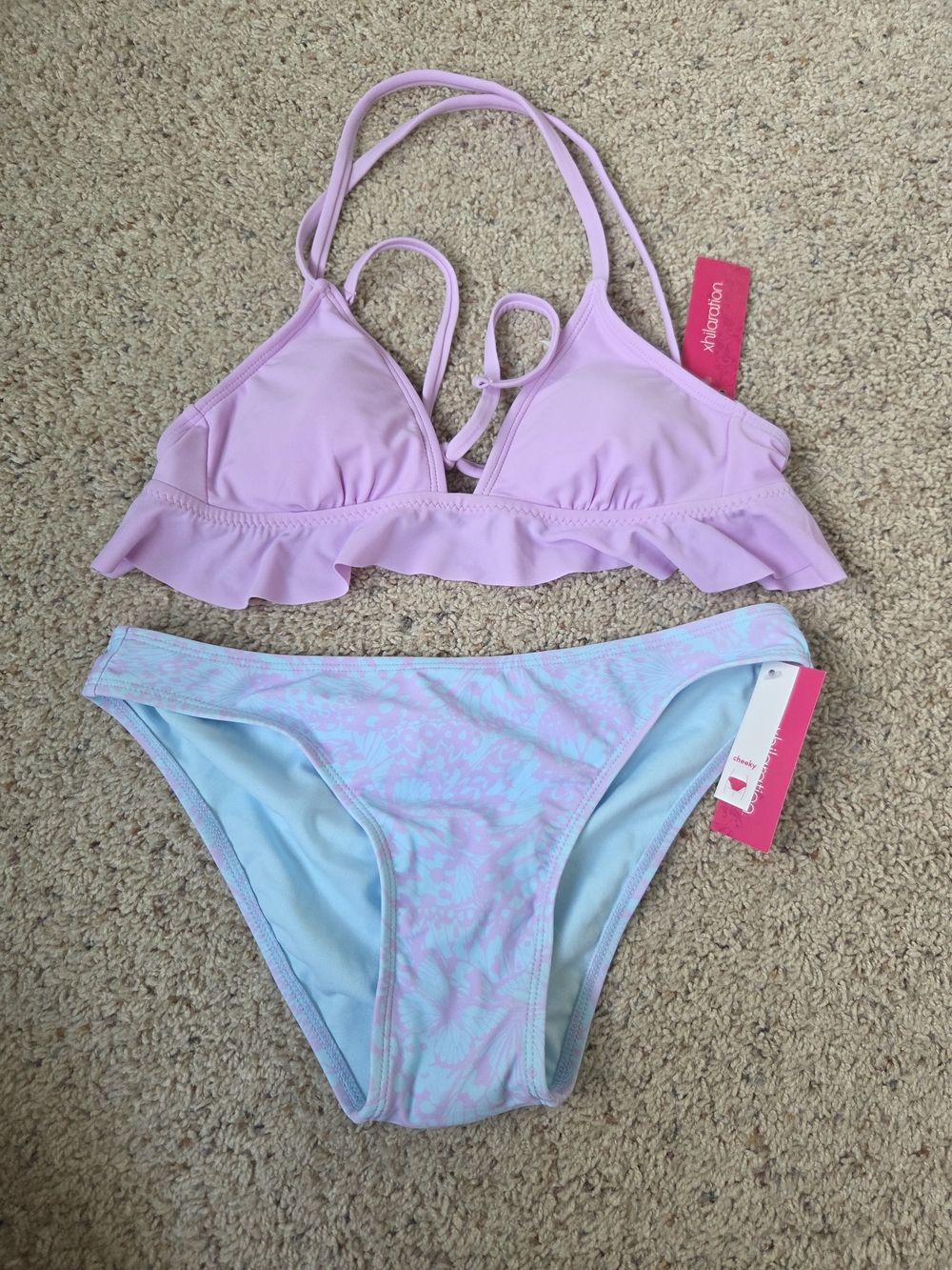 Xhilaration Lavender Ruffle Bikini Top with Pale Blue Floral Bottom